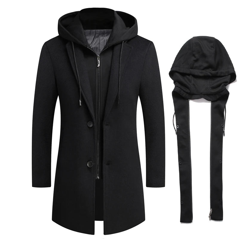 DIMUSI Winter Men's Hooded Wool Jackets Casual Middle Long Scarf Collar Cotton Thick Woolen Coat Male Luxurious Trench Clothing.