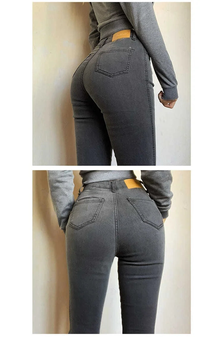 Classic Vintage Buttocks Black Gray Jeans for Women High Elastic Mom Jeans Female Washed Stretch Denim Pencil Pants clothes 40.