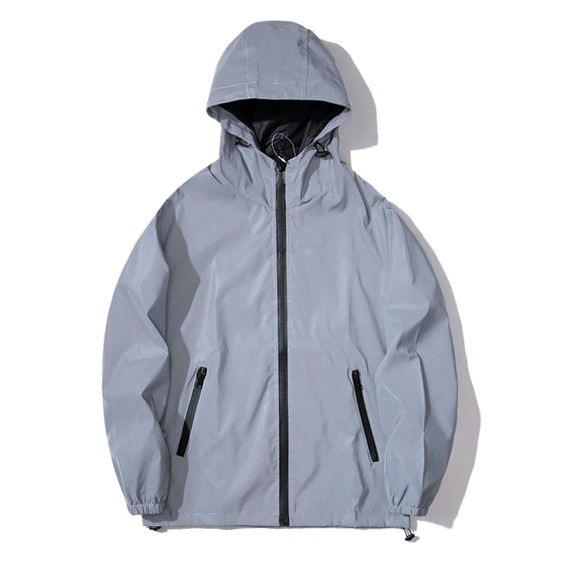 NEW SIZE Night Reflective Jackets Double Fabric Windbreaker Hooded Jacket Men Hip Hop Dancer Waterproof Zipper Coats Outwear.