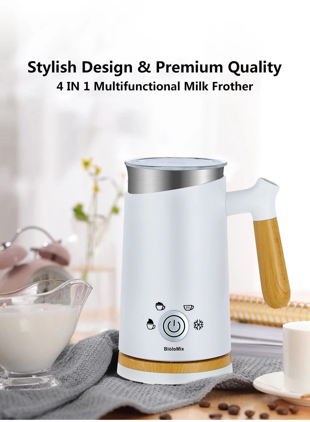 BioloMix NEW Automatic Hot and Cold Milk Frother Warmer for Latte, Foam Maker for Coffee, Hot Chocolates, Cappuccino.