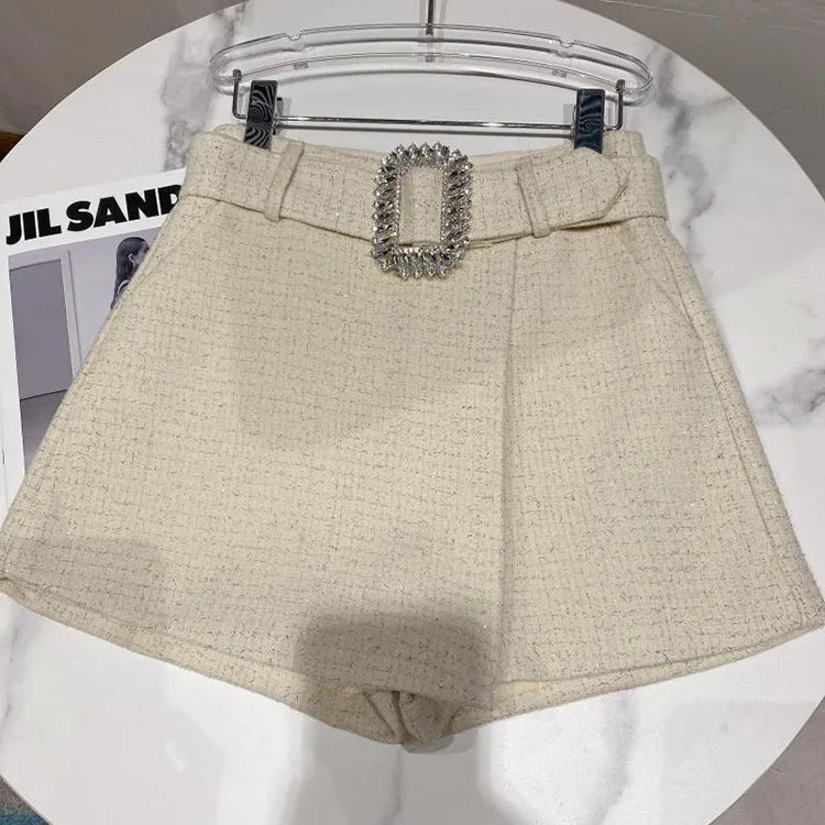 2022 Spring Autumn New shiny sequins Plaid Shorts with Belt for Lady Rhinestone Bright Silk Tweed Folding Short Boots Women.