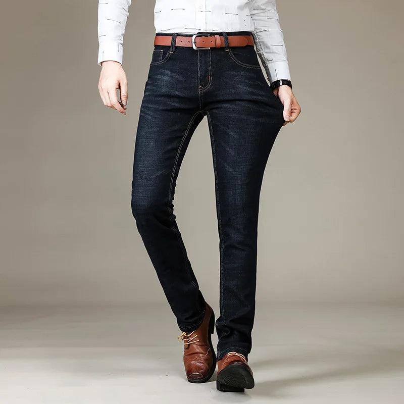 Autumn Classic Men's Fitted Stretch Jeans Business Casual Cotton Denim Straight Leg Pants Male Black Blue Trousers.