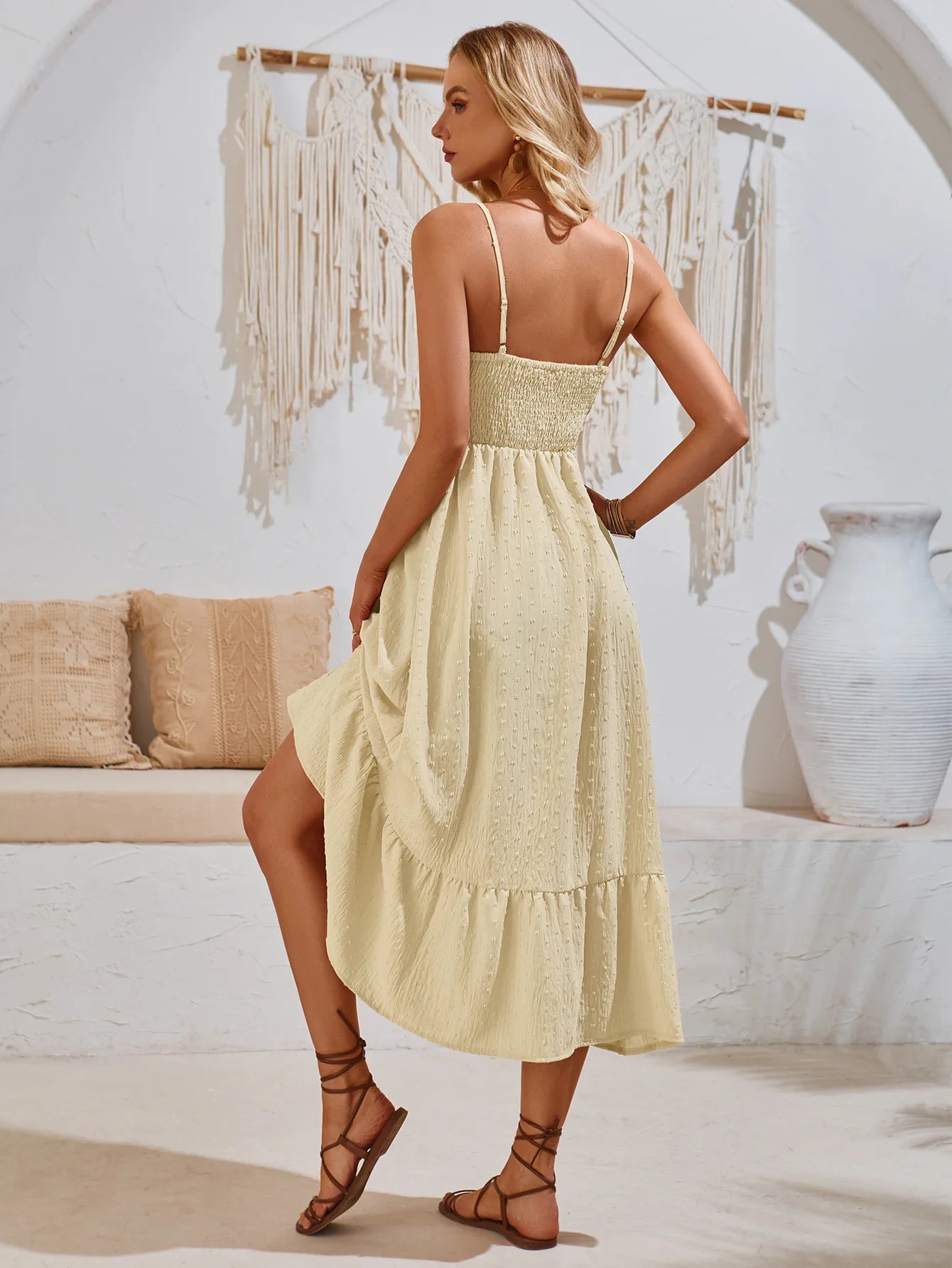 2025 Summer Casual V-neck Solid Color Hollowed-out Straps Dress Fashion Maxi Dress.