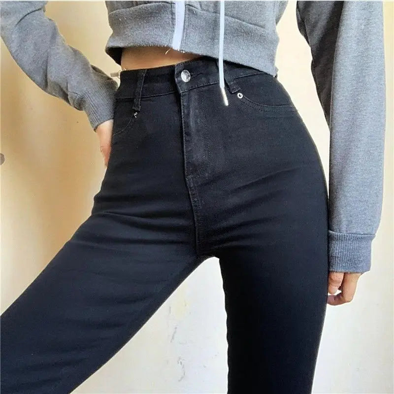 Classic Vintage Buttocks Black Gray Jeans for Women High Elastic Mom Jeans Female Washed Stretch Denim Pencil Pants clothes 40.