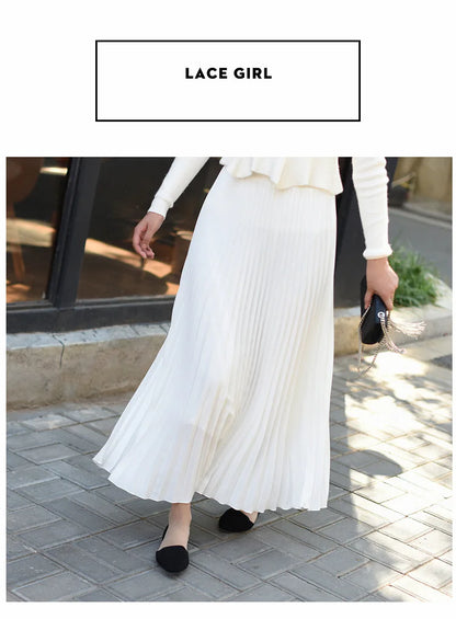 Classical Women Pleated Skirt 90cm/80cm Long Female Elastic Waist Skirt Big Size Velvet Pleated Skirt for Winter Ankle-Length