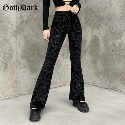 Goth Dark Vintage Floral Scratched Mall Gothic Pants Velvet High Waist Skinny Flare Trousers for Women Streetwear Cyber Y2K Pant.