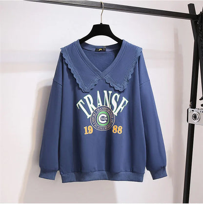 150Kg Plus Größe frauen Herbst Faul Stil Puppe Kragen Sweatshirts Fehlschlag 157cm 6XL 7XL 8XL 9XL 10XL lose Dünnen Langen Ärmeln Top.