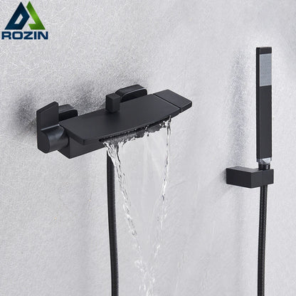 Black Waterfall Shower Faucet Bathroom Wall Mounted Bathtub Shower Faucets Dual Handles Hot Cold Water Mixer Tap with Handshower