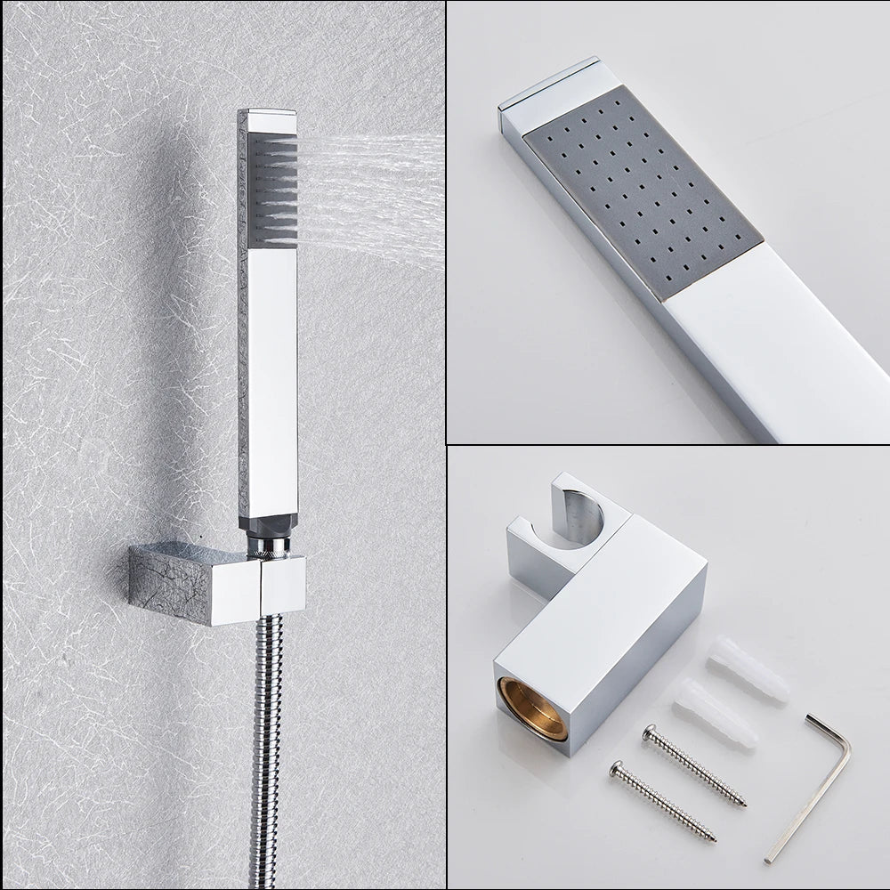 Black Waterfall Shower Faucet Bathroom Wall Mounted Bathtub Shower Faucets Dual Handles Hot Cold Water Mixer Tap with Handshower