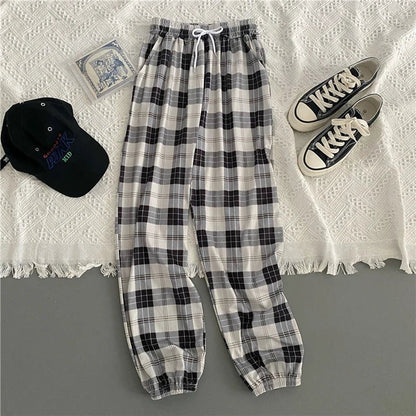Hosen Frauen Neue Haufen füße Mode Lose Schwarz Plaid Sommer Harajuku Studenten Streetwear Harem Lange Hosen Frauen Chic