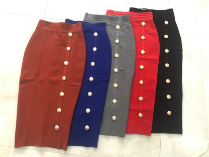New Arrival Women Button Black Blue Red Bodycon Bandage Skirt 2024 Designer High Waist High Street Party Club Pencil Skirt 75cm.