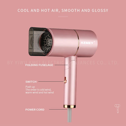 Kemei Professional Blow Dryer Negative Ion Smoother Hair Care Fast Drying Foldable Portable Pink Hair Dryer Home Travel Salon