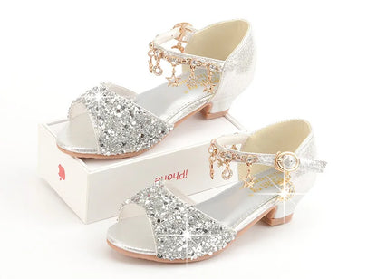 Girls Sandals Children Crystal Shoes 2023 Summer Kids Glitter Shoes High Heels Sequined Rhinestone Pendants Open Toes Princess.
