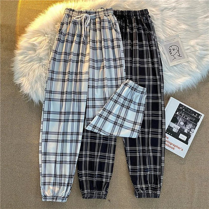 Hosen Frauen Neue Haufen füße Mode Lose Schwarz Plaid Sommer Harajuku Studenten Streetwear Harem Lange Hosen Frauen Chic.