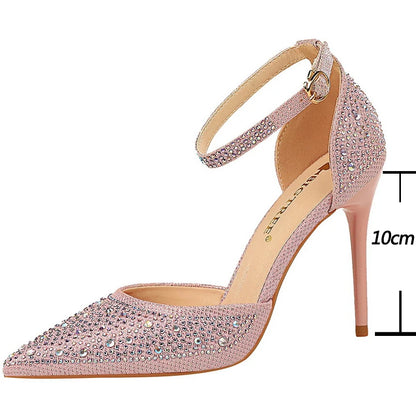BIGTREE Shoes Shiny Rhinestones High Heels Ladies Shoes Women Pumps Stiletto Sweet Women Heels Wedding Shoes Women Sandals 10 Cm.