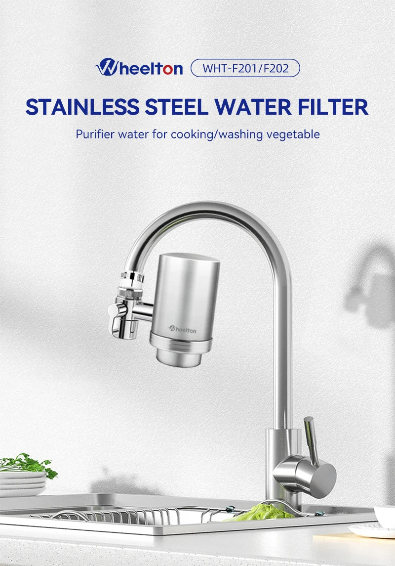 Wheelton Stainless Steel Kitchen Tap Filter Household Ceramic Water Purifier Faucet Water Filter  Activated Carbon Filtration.