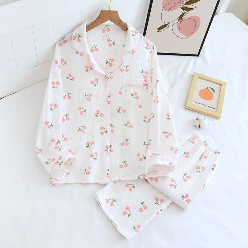 Fdfklak Spring Fall Full Sleeve Homewear Loose 2Pcs Pajama Set 100% Gauze Cotton Casual Print Sleeping Shirt Home Wear Clothes.