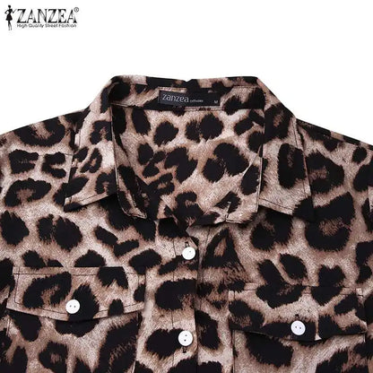 ZANZEA Party Vintage Leopard Robe Frauen 2025, Herbst Casual Langarm Maxi Lange Vestidos Kleid Mode Übergroßen Hemd Sommerkleid.