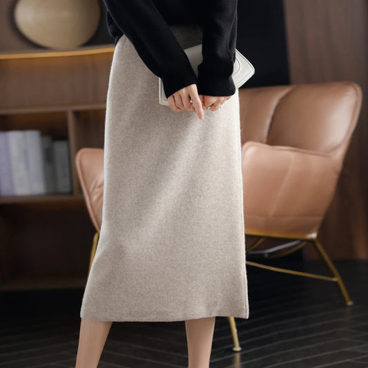2024 Autumn Winter New 100%Pure Wool Knit Long Skirt Women Casual Thick Korean High Waist Pack Hip Cashmere Wild A-Line Skirt.
