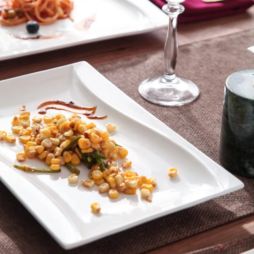 MALACASA Carina 2-Piece Ivory White Porcelain Dinner Plate Set Tableware Fruit Snack Dishes with 11" & 13.25" Rectangular Plate.