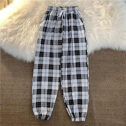 Hosen Frauen Neue Haufen füße Mode Lose Schwarz Plaid Sommer Harajuku Studenten Streetwear Harem Lange Hosen Frauen Chic.