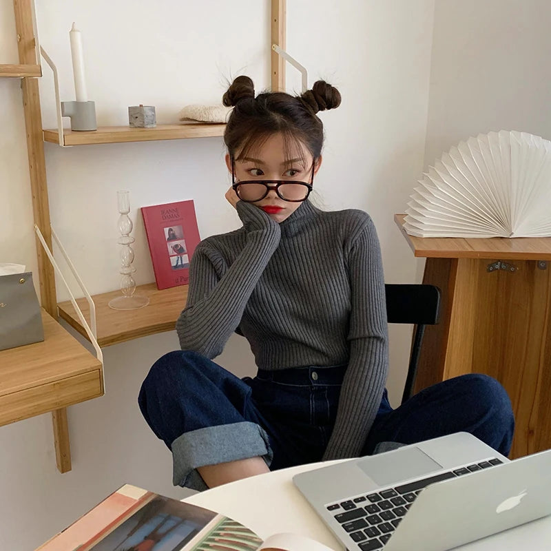 2025 Knit Jumpers Top Chic Autumn Winter Sweater Pullovers Women Long Sleeve Casual Turtleneck Warm Basic Sweater.