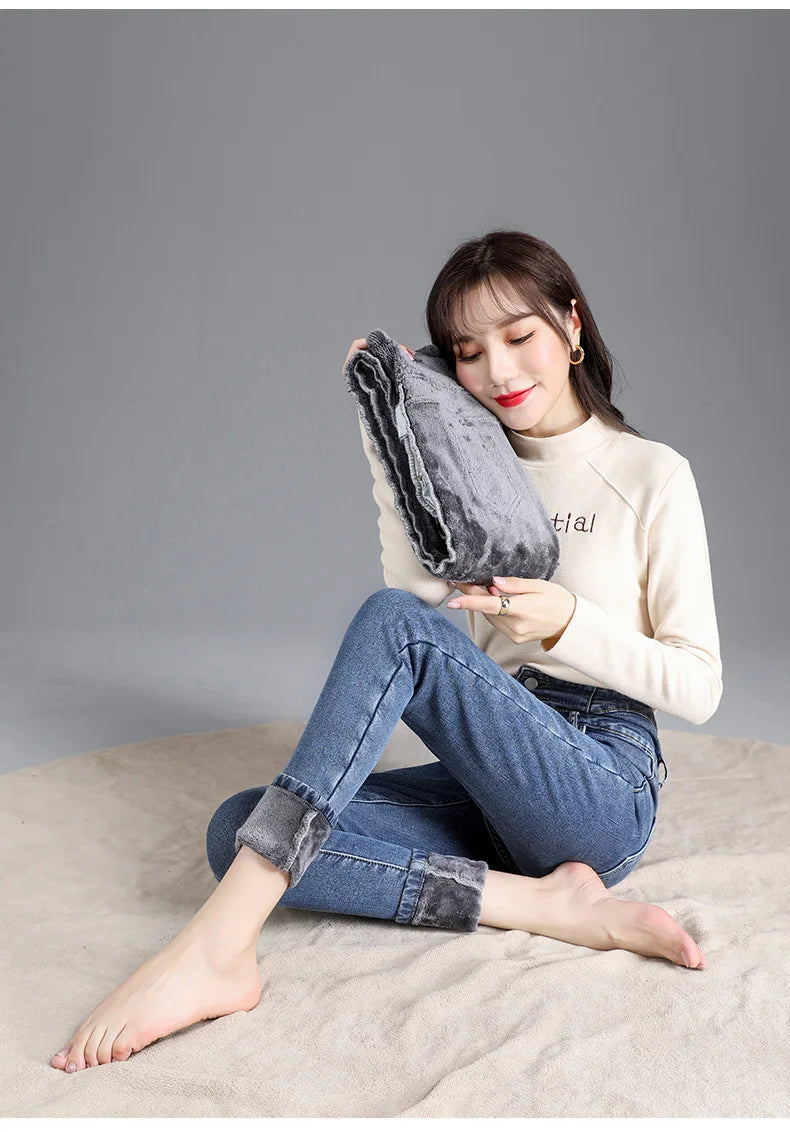 Thermische Winter Dicke Fleece High-taille Warme Dünne Jeans Dicke Frauen Stretch Taste Bleistift Hosen Mom Casual Samt Jeans