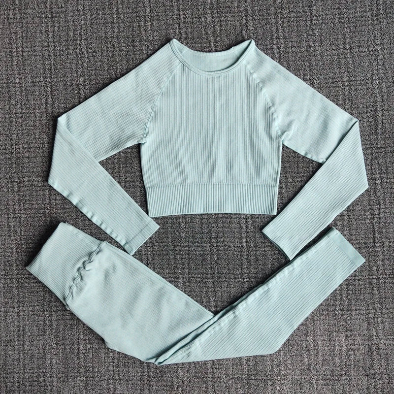 Women Seamless Fitness Yoga Suit Knitt Workout Long Sleeve Crop Top Sports Bra High Waist Running Leggings Gym Clothing 2/3Pcs