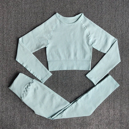 Women Seamless Fitness Yoga Suit Knitt Workout Long Sleeve Crop Top Sports Bra High Waist Running Leggings Gym Clothing 2/3Pcs
