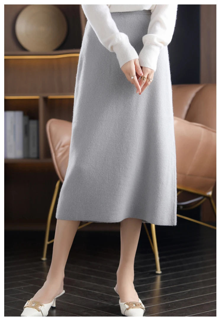 2024 Autumn Winter New 100%Pure Wool Knit Long Skirt Women Casual Thick Korean High Waist Pack Hip Cashmere Wild A-Line Skirt