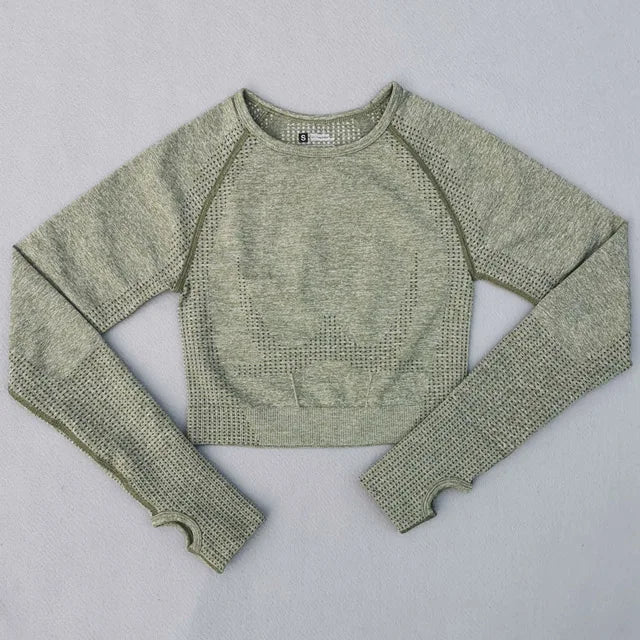 Seamless Yoga Crop Top For Women Long Sleeve Gym Workout Tops with Thumb Holes Sports Running Shirt Women Sportswear.