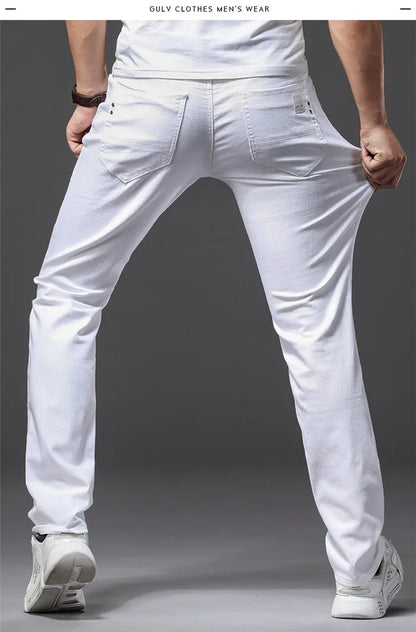 Men White Jeans Fashion Casual Classic Style Slim Fit Soft Trousers Male Brand Advanced Stretch Pants.