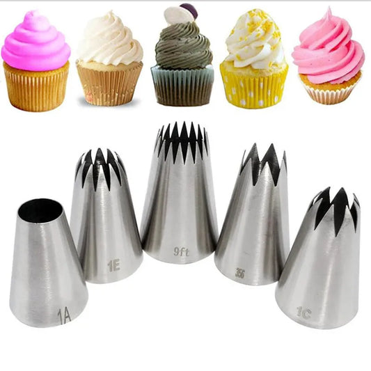 5pcs Large Metal Cake Cream Decoration Tips Set Pastry Tools Stainless Steel Piping Icing Nozzle Cupcake Head Dessert Decorators.