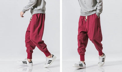 Cotton Linen Harem Pants Men Solid Elastic Waist Streetwear Joggers New Baggy Drop-crotch Pants Casual Trousers Men.