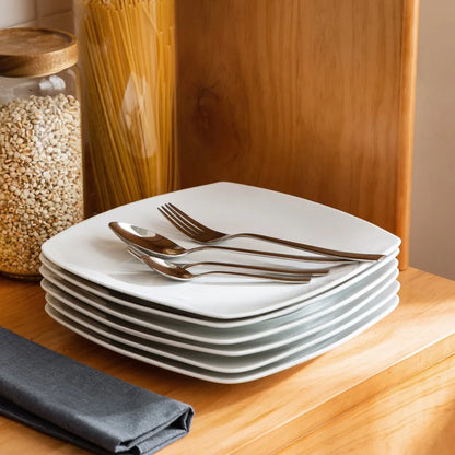 MALACASA 6/12 Piece White Square Porcelain Dinner Plate Set Dessert Plate Salad Fruit Beef Flat Plate Set (23.5 * 23.5 * 2cm).