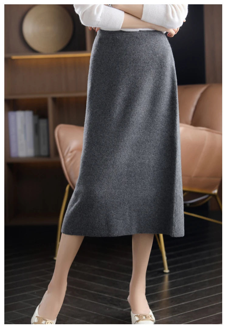 2024 Autumn Winter New 100%Pure Wool Knit Long Skirt Women Casual Thick Korean High Waist Pack Hip Cashmere Wild A-Line Skirt