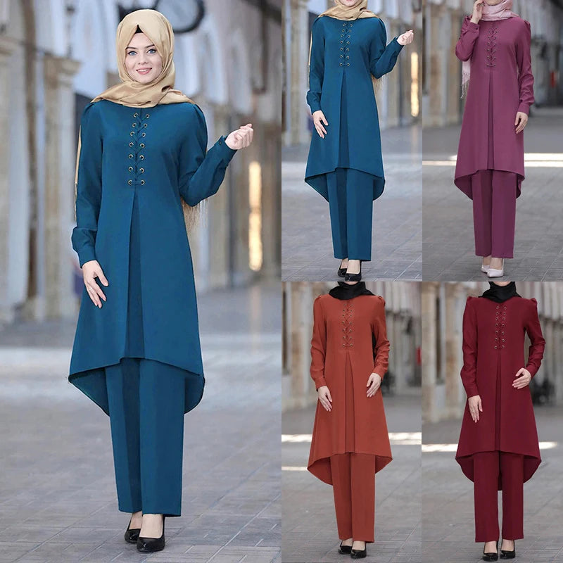 Muslim Women Long Tops Islamic Sets Women Muslim Pants Abaya Dubai 2020 Turkey Outfit Ramadan Prayer Clothes 2 Piece Set.