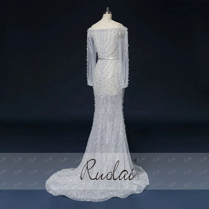 PEV-L3058 Luxury Heavy Beaded Party Gowns See Through Long Sleeve Customized Sexy Off Shoulder Evening Dress From Istanbul.