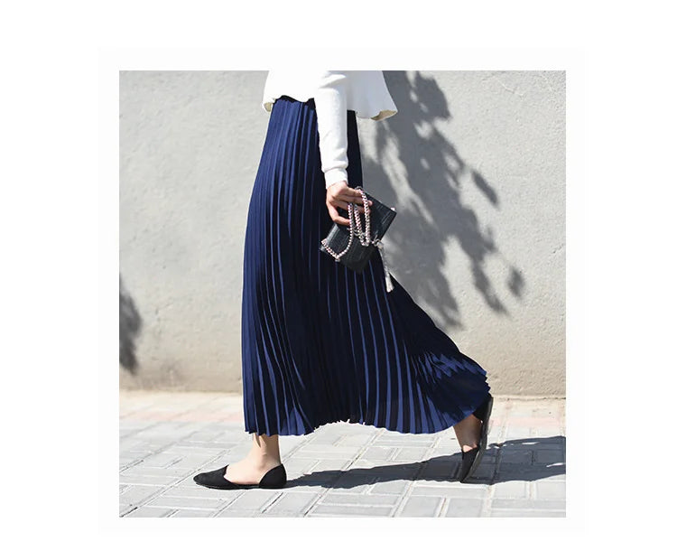 Classical Women Pleated Skirt 90cm/80cm Long Female Elastic Waist Skirt Big Size Velvet Pleated Skirt for Winter Ankle-Length.