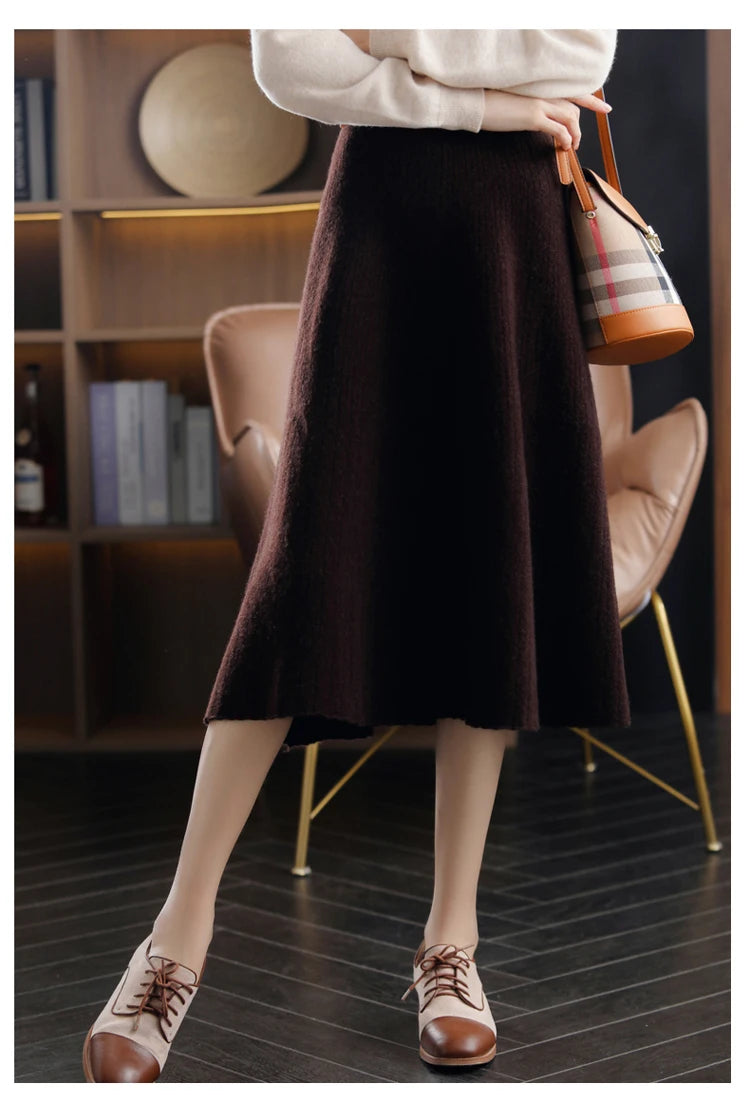 2025 Autumn New High-Waist 100%Pure Wool Pleated Long Skirt Women's Knit Base Skirt Fashion Pack Hip A-Line Cashmere Large Skirt