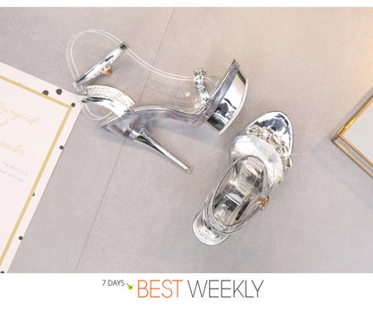 Sexy High Heels For Ladies Modern Sandals Electroplated Heel Women Shoes 2023 New Clear Peep Toe DRESS Crystal Shoes Size 43