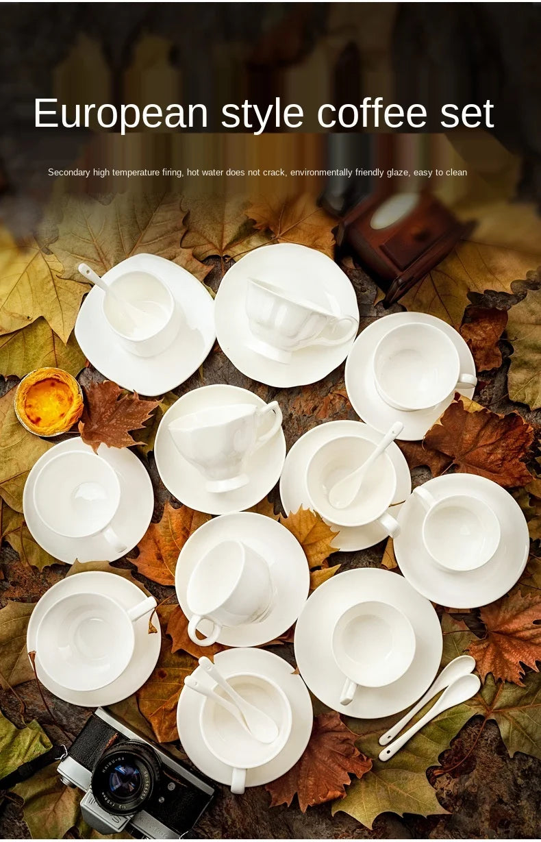 Pure White Bone China Coffee Cup Ceramic Simple Nordic Latte Cups Creative Fancy Afternoon Tea Cafe Coffee Cup and Saucer Spoon