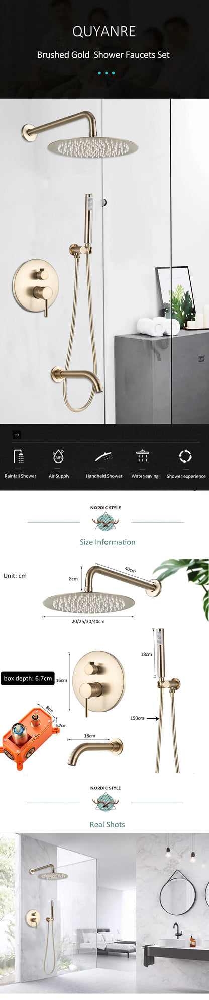 Brushed Gold Shower Faucets Set Rainfall Shower System Concealed Hot Cold Water Mixer Tap Bathroom Round Shower Faucet