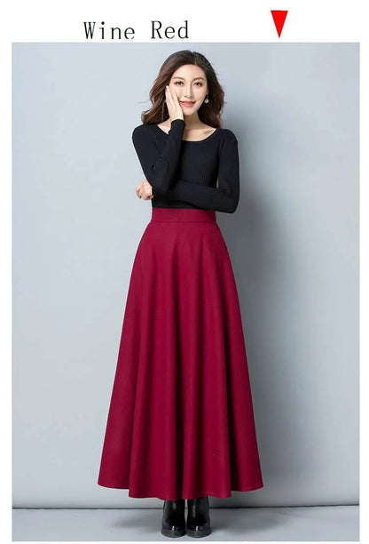 FairyShely 2025 Autumn Winter Retro High Waist Pleated Skirt Women Casual Pocket Woolen Maxi Skirt female Flare Red Long skirt.