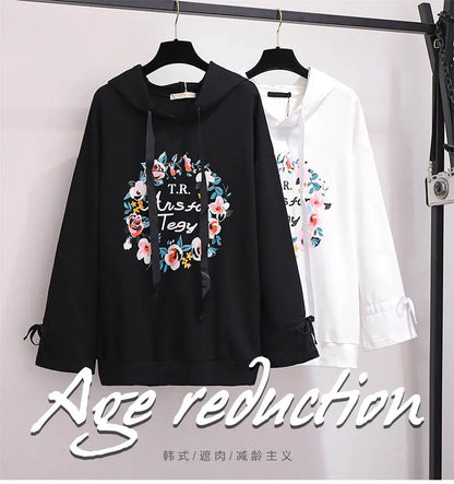 150Kg Plus Größe frauen Frühling Herbst Mit Kapuze Gedruckt Sweatshirt Büste 155cm 6XL 7XL 8XL 9XL 10XL Lange-ärmeln Top Schwarz Weiß.