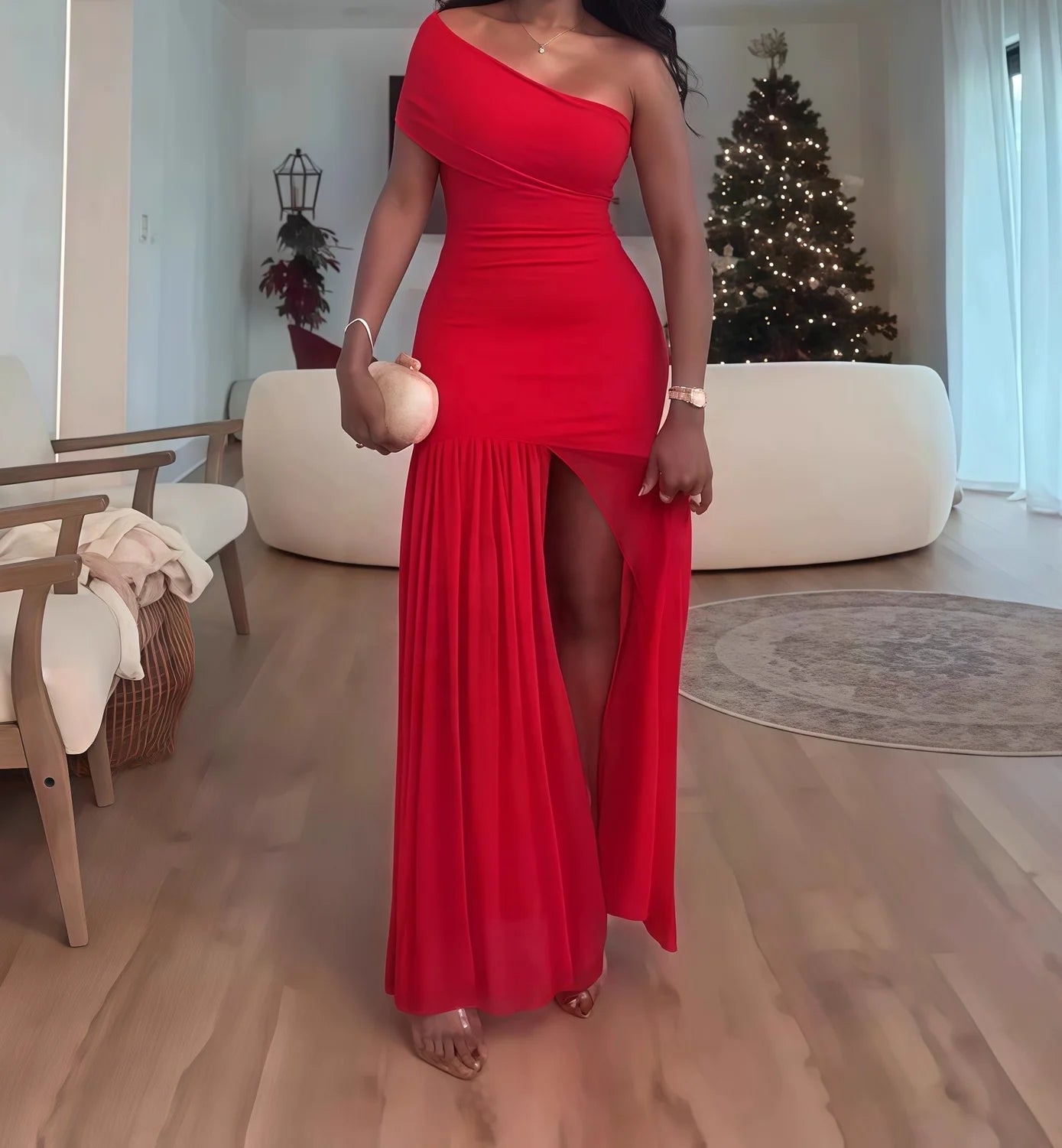 Women's 2025 Spring New Solid Color Sleeveless Slant Neck Pleated Slim Split Long Dresses.