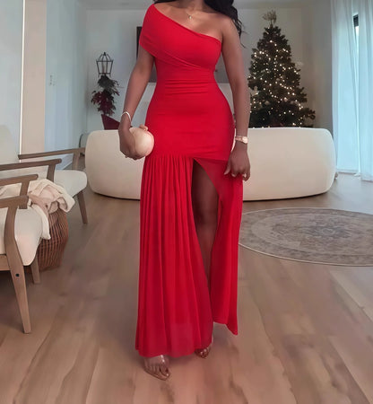 Women's 2025 Spring New Solid Color Sleeveless Slant Neck Pleated Slim Split Long Dresses.