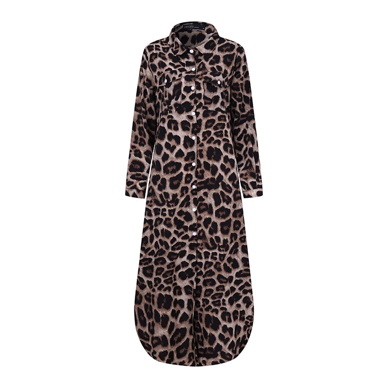 ZANZEA Party Vintage Leopard Robe Frauen 2025, Herbst Casual Langarm Maxi Lange Vestidos Kleid Mode Übergroßen Hemd Sommerkleid.