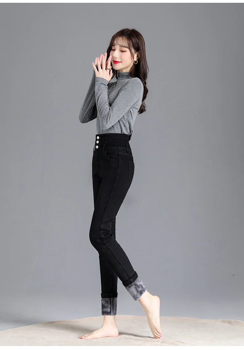 Thermische Winter Dicke Fleece High-taille Warme Dünne Jeans Dicke Frauen Stretch Taste Bleistift Hosen Mom Casual Samt Jeans