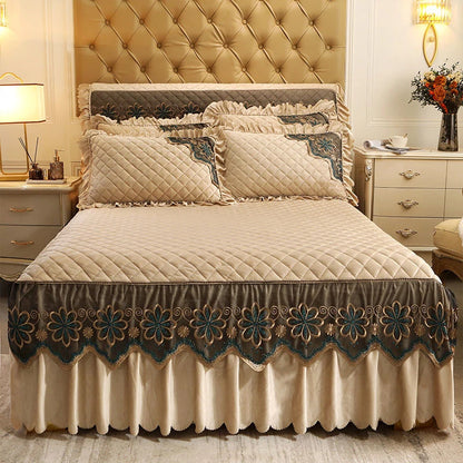 European Luxury Quilted Bed Skirt Winter Warm Thicken Velvet Bedspread King Good Hand Feeling Bed Skirt Not Included Pillowcase.